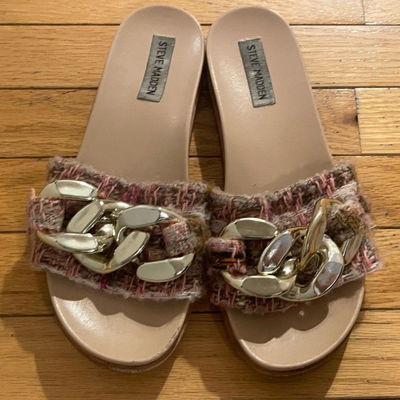 Steve Madden Delay Oversized chain link slides sandals-pink tweed women size 10 - Picture 10 of 13